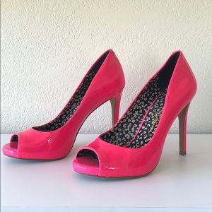 Neon pink open toe high heels